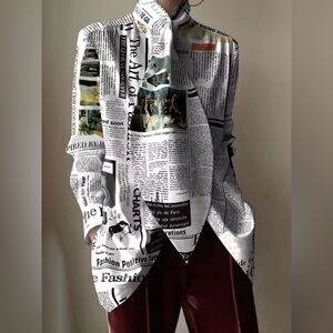 Black White Tie Collar Novelty Newspaper Text Print Long Tunic Shirt M